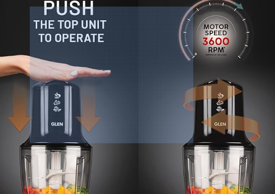 Electric vegetable chopper with stainless steel blades chopping onion, carrot and tomato