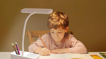 USB table lamp with 3 color modes, pen holder, and phone stand for student exam preparation