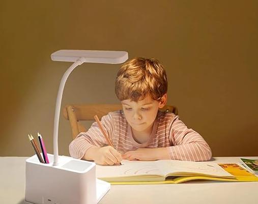 USB table lamp with 3 color modes, pen holder, and phone stand for student exam preparation